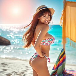 A stunning Japanese girl in a stylish bikini showcasing her ample breasts, standing on a sandy beach with a vibrant blue ocean in the background