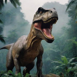 A fearsome T-Rex from Jurassic Park with its iconic structure and threatening expression, set against a prehistoric, dense jungle backdrop