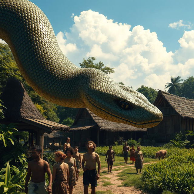 A giant snake slithering through a village, terrifying the local inhabitants