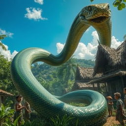 A giant snake slithering through a village, terrifying the local inhabitants