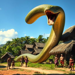 A giant snake slithering through a village, terrifying the local inhabitants