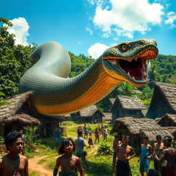 A giant snake slithering through a village, terrifying the local inhabitants