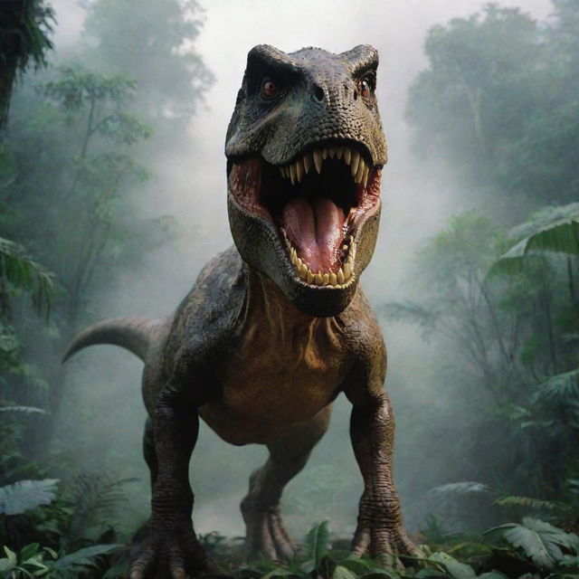 A fearsome T-Rex from Jurassic Park with its iconic structure and threatening expression, set against a prehistoric, dense jungle backdrop