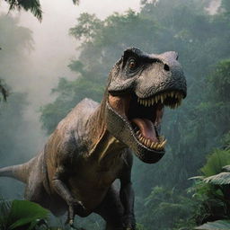 A fearsome T-Rex from Jurassic Park with its iconic structure and threatening expression, set against a prehistoric, dense jungle backdrop