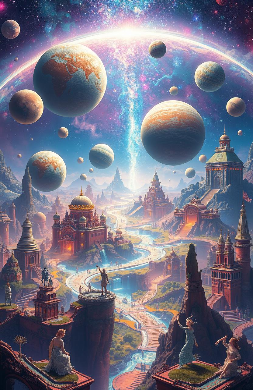 An expansive view of an omniverse, showcasing limitless dimensions and realms filled with diverse landscapes, vibrant colors, and fantastical creatures