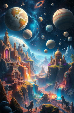 An expansive view of an omniverse, showcasing limitless dimensions and realms filled with diverse landscapes, vibrant colors, and fantastical creatures