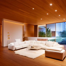 A luxurious modern living room interior with plush white couches, rich hardwood floors, ambient lighting, and minimalist decor.