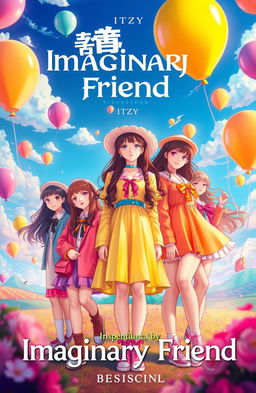 An artistic representation inspired by the song 'Imaginary Friend' by ITZY, featuring five girls with distinct personalities, embodying a sense of friendship and mystery