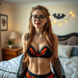 A 20-year-old Russian nanny with long light brown hair styled playfully, showcases her flirty nature in a cozy bedroom while wearing a sexy Halloween costume