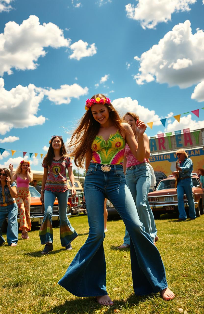 A retro scene set in 1969, depicting a group of friends enjoying a summer day at a vibrant outdoor festival