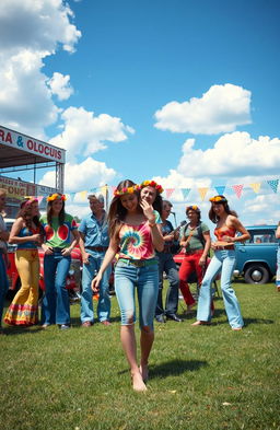 A retro scene set in 1969, depicting a group of friends enjoying a summer day at a vibrant outdoor festival