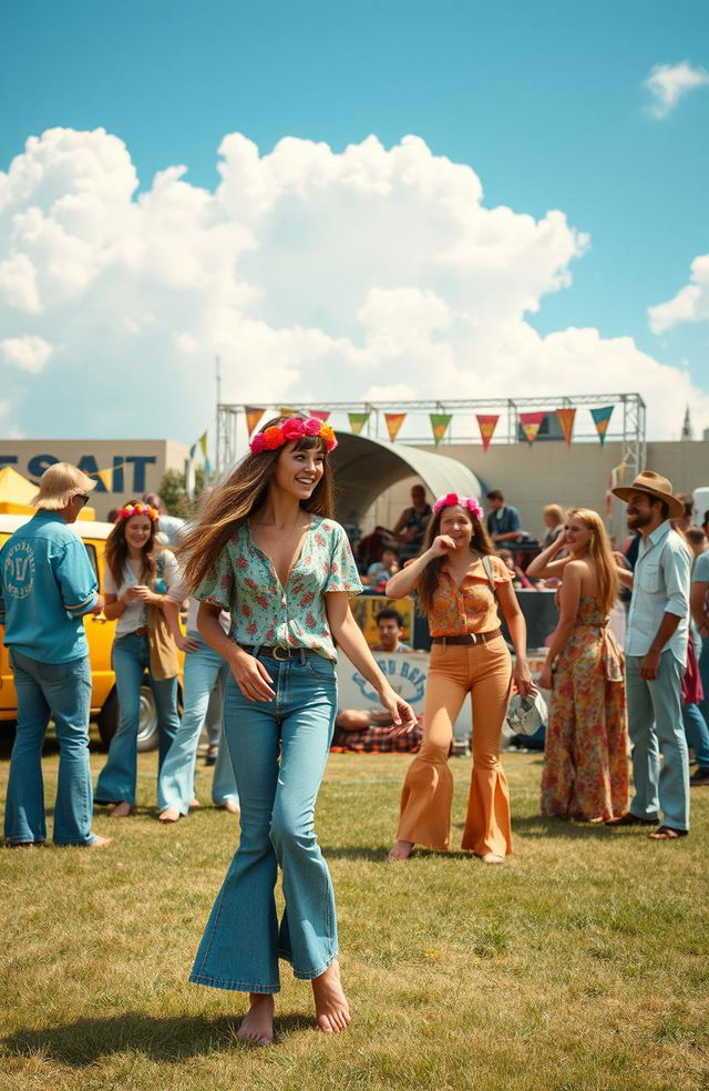 A retro scene set in 1969, depicting a group of friends enjoying a summer day at a vibrant outdoor festival