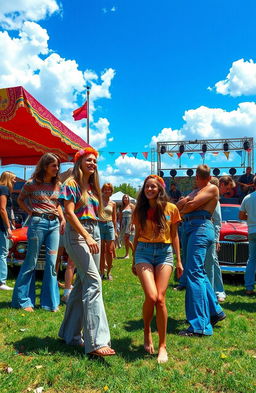 A retro scene set in 1969, depicting a group of friends enjoying a summer day at a vibrant outdoor festival