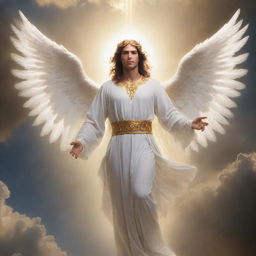 The majestic angel Izrail now has his face shrouded by a brilliant, dazzling, and radiant light, symbolic of divine purity and authority, while still descending from the heavens against the backdrop of Earth