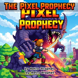 A dynamic book cover design for 'The Pixel Prophecy' by Retro Prophet, featuring a pixelated 16-bit hero in a vibrant fantasy landscape, bravely facing a menacing final boss