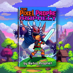 A dynamic book cover design for 'The Pixel Prophecy' by Retro Prophet, featuring a pixelated 16-bit hero in a vibrant fantasy landscape, bravely facing a menacing final boss