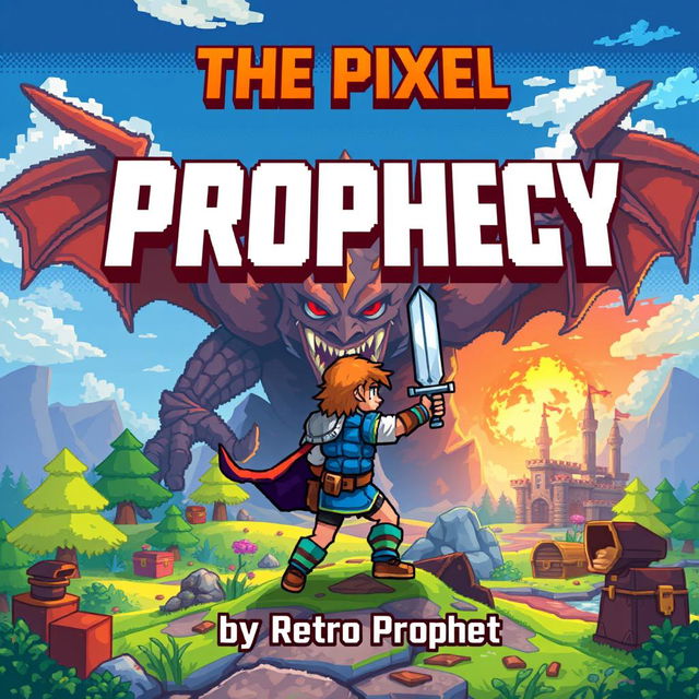 A dynamic book cover design for 'The Pixel Prophecy' by Retro Prophet, featuring a pixelated 16-bit hero in a vibrant fantasy landscape, bravely facing a menacing final boss