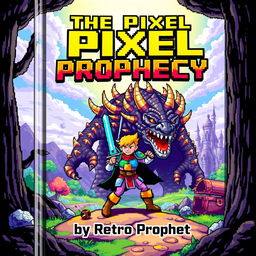 A dynamic book cover design for 'The Pixel Prophecy' by Retro Prophet, featuring a pixelated 16-bit hero in a vibrant fantasy landscape, bravely facing a menacing final boss