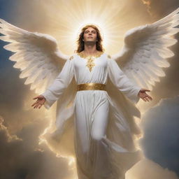 The majestic angel Izrail now has his face shrouded by a brilliant, dazzling, and radiant light, symbolic of divine purity and authority, while still descending from the heavens against the backdrop of Earth