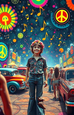 A surreal scene depicting a 17-year-old boy experiencing the vibrant and psychedelic atmosphere of the 1960s after taking LSD