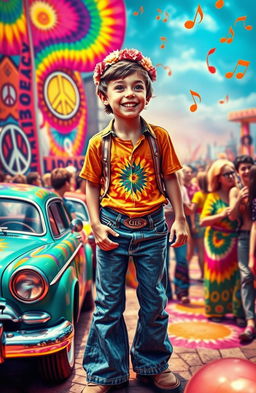 A surreal scene depicting a 17-year-old boy experiencing the vibrant and psychedelic atmosphere of the 1960s after taking LSD