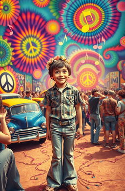 A surreal scene depicting a 17-year-old boy experiencing the vibrant and psychedelic atmosphere of the 1960s after taking LSD