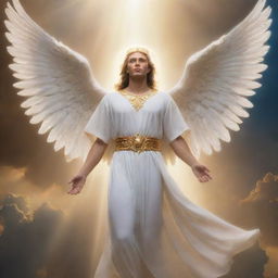 The majestic angel Izrail now has his face shrouded by a brilliant, dazzling, and radiant light, symbolic of divine purity and authority, while still descending from the heavens against the backdrop of Earth