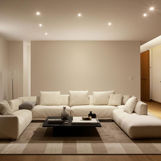 A luxurious modern living room interior with plush white couches, rich hardwood floors, ambient lighting, and minimalist decor.