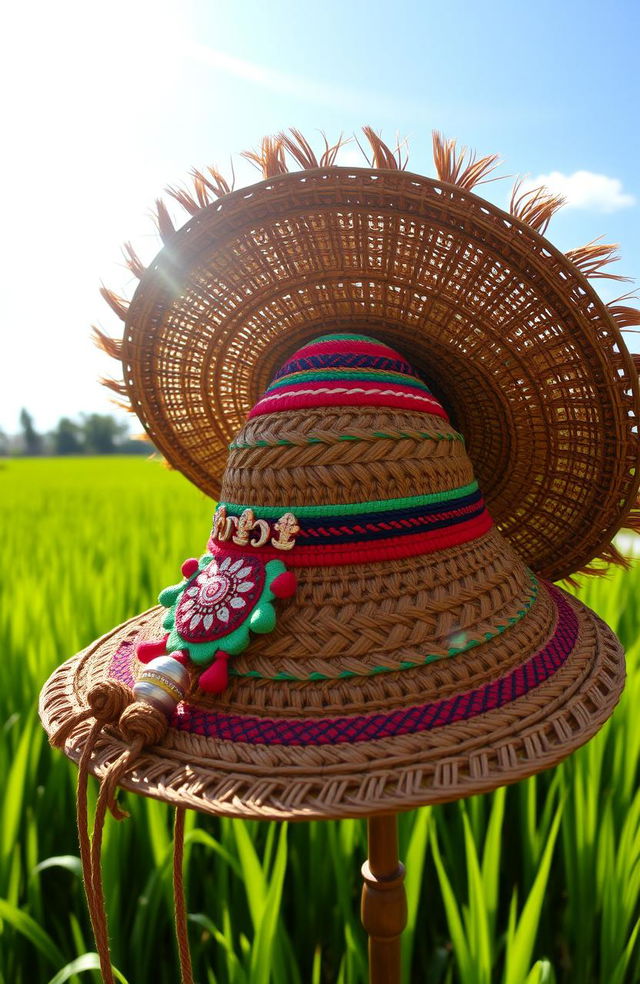 A beautifully crafted traditional Indonesian hat called 'Hati', characterized by intricate patterns and vibrant colors