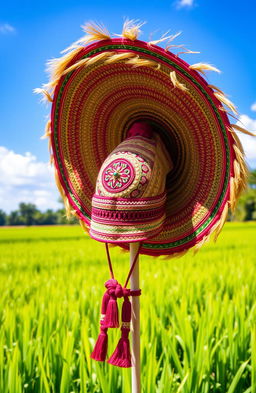 A beautifully crafted traditional Indonesian hat called 'Hati', characterized by intricate patterns and vibrant colors