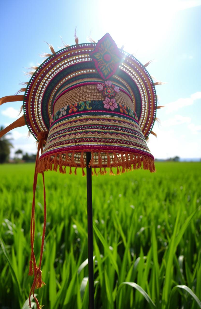 A beautifully crafted traditional Indonesian hat called 'Hati', characterized by intricate patterns and vibrant colors