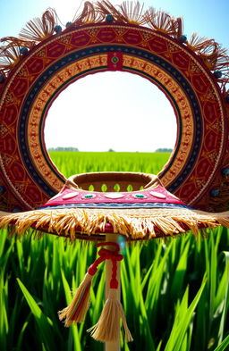 A beautifully crafted traditional Indonesian hat called 'Hati', characterized by intricate patterns and vibrant colors