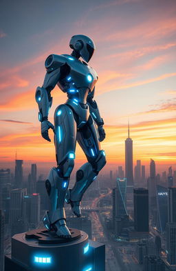 A futuristic city skyline at sunset with a giant, sleek robot standing atop a tall building, overlooking the metropolis