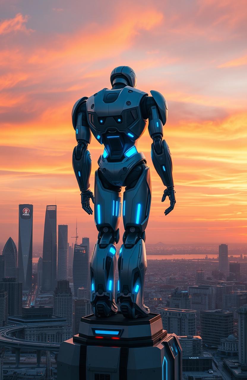 A futuristic city skyline at sunset with a giant, sleek robot standing atop a tall building, overlooking the metropolis