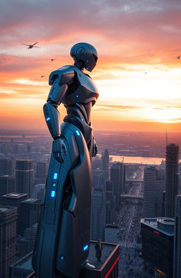 A futuristic city skyline at sunset with a giant, sleek robot standing atop a tall building, overlooking the metropolis
