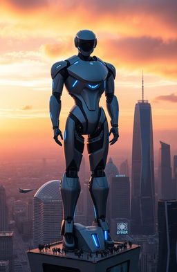 A futuristic city skyline at sunset with a giant, sleek robot standing atop a tall building, overlooking the metropolis