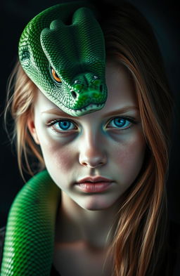 A captivating image featuring the half face of a vibrant green serpent seamlessly blended with the half face of a young, pretty girl possessing strawberry-blonde hair and striking blue eyes, conveying a serious expression