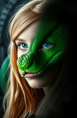 A captivating image featuring the half face of a vibrant green serpent seamlessly blended with the half face of a young, pretty girl possessing strawberry-blonde hair and striking blue eyes, conveying a serious expression