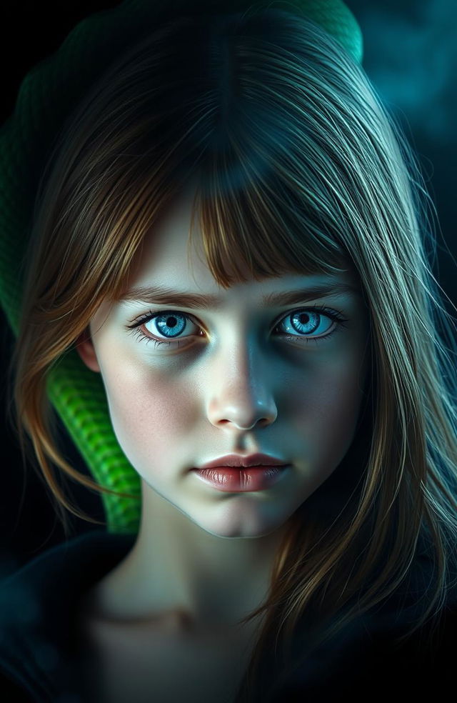 A captivating image featuring the half face of a vibrant green serpent seamlessly blended with the half face of a young, pretty girl possessing strawberry-blonde hair and striking blue eyes, conveying a serious expression