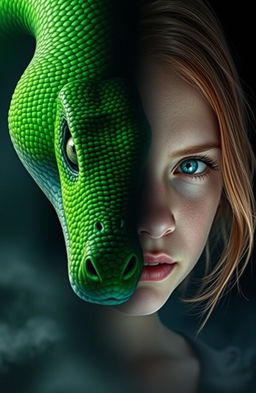 A captivating image featuring the half face of a vibrant green serpent seamlessly blended with the half face of a young, pretty girl possessing strawberry-blonde hair and striking blue eyes, conveying a serious expression