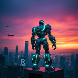 A futuristic city skyline at dusk, featuring a mighty robot standing on a ledge of a skyscraper, vigilantly monitoring the city below