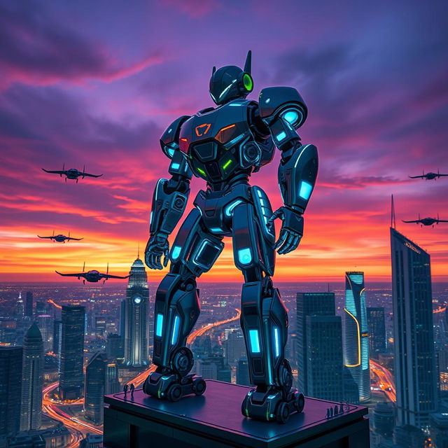 A futuristic city skyline at dusk, featuring a mighty robot standing on a ledge of a skyscraper, vigilantly monitoring the city below