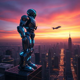 A futuristic city skyline at dusk, featuring a mighty robot standing on a ledge of a skyscraper, vigilantly monitoring the city below