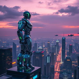 A futuristic city skyline at dusk, featuring a mighty robot standing on a ledge of a skyscraper, vigilantly monitoring the city below