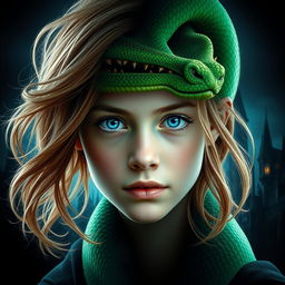 A striking image showcasing the half face of a vibrant green serpent intricately blended with the half face of a young, pretty girl who has flowing strawberry-blonde hair and piercing blue eyes, reflecting a serious expression