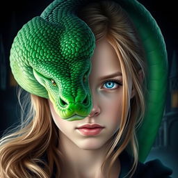 A striking image showcasing the half face of a vibrant green serpent intricately blended with the half face of a young, pretty girl who has flowing strawberry-blonde hair and piercing blue eyes, reflecting a serious expression