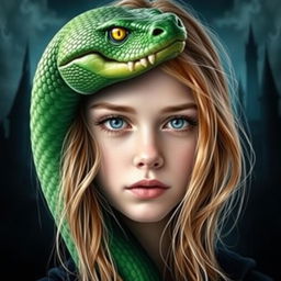 A striking image showcasing the half face of a vibrant green serpent intricately blended with the half face of a young, pretty girl who has flowing strawberry-blonde hair and piercing blue eyes, reflecting a serious expression