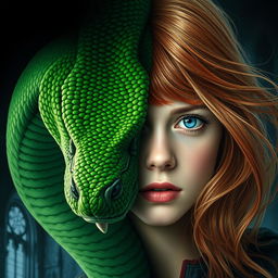 A striking image showcasing the half face of a vibrant green serpent intricately blended with the half face of a young, pretty girl who has flowing strawberry-blonde hair and piercing blue eyes, reflecting a serious expression
