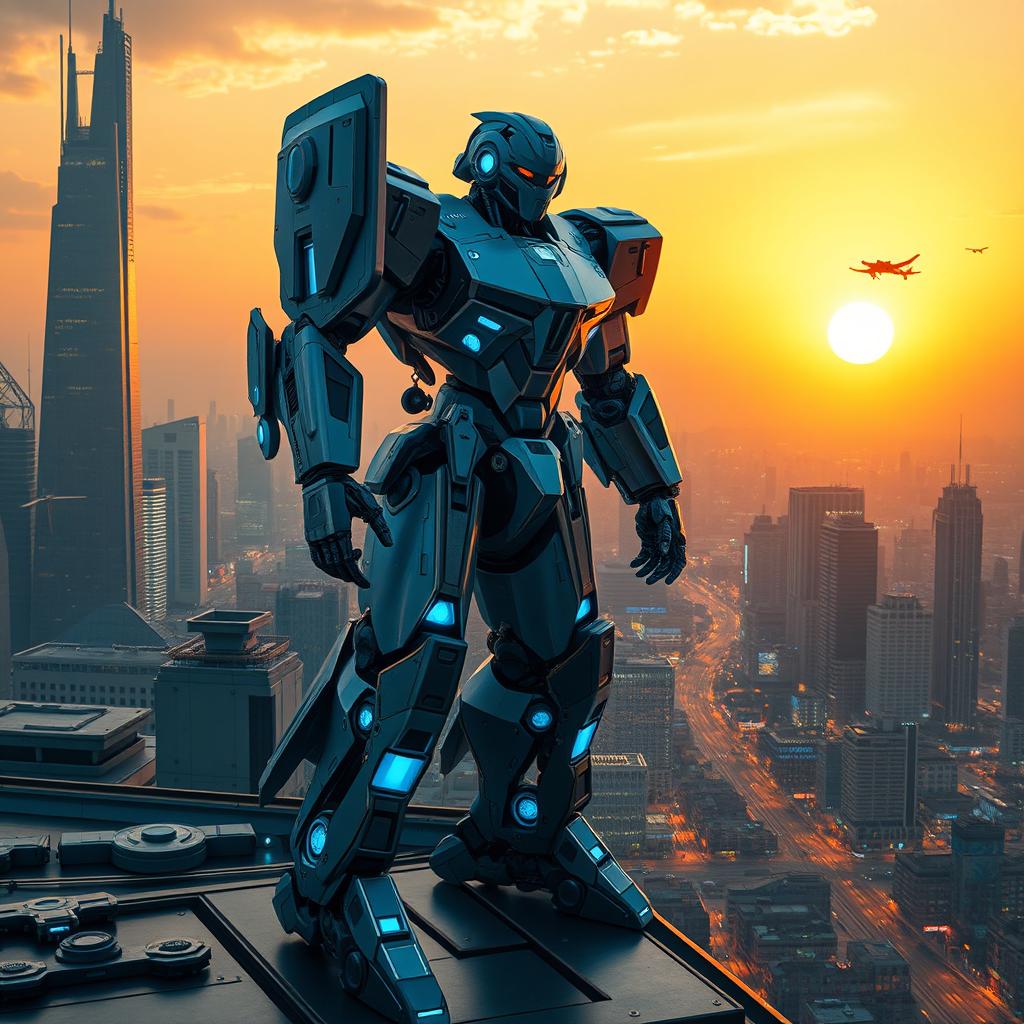 A dynamic scene of a colossal robot protecting a vibrant, futuristic city, standing sentry on a high-tech rooftop as the sun sets in the background