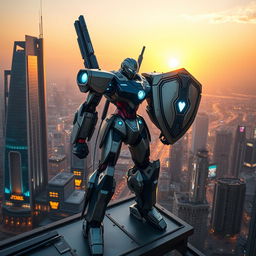 A dynamic scene of a colossal robot protecting a vibrant, futuristic city, standing sentry on a high-tech rooftop as the sun sets in the background